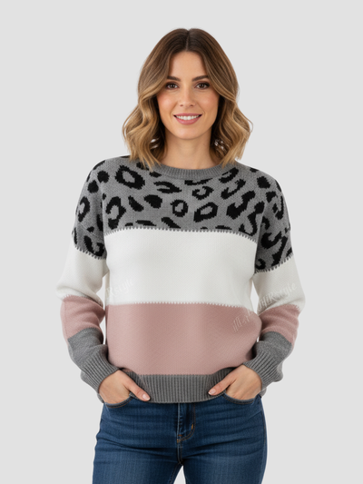 SAVARA | SUÉTER DE MUJER CON BLOQUES DE COLOR Y ESTAMPADO LEOPARDO