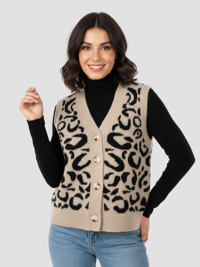 LIONNELLE | CHALECO DE PUNTO CON BOTONES PARA MUJER – ESTAMPADO SALVAJE Y SUAVIDAD ATEMPORAL