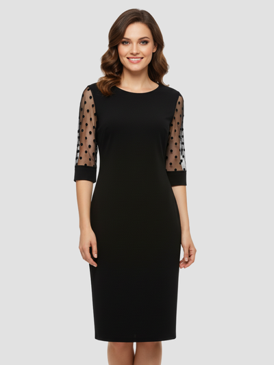 ELISANDRA | VESTIDO NEGRO MIDI CON MANGAS DE ENCAJE – ELEGANCIA CLÁSICA Y DETALLE MODERNO