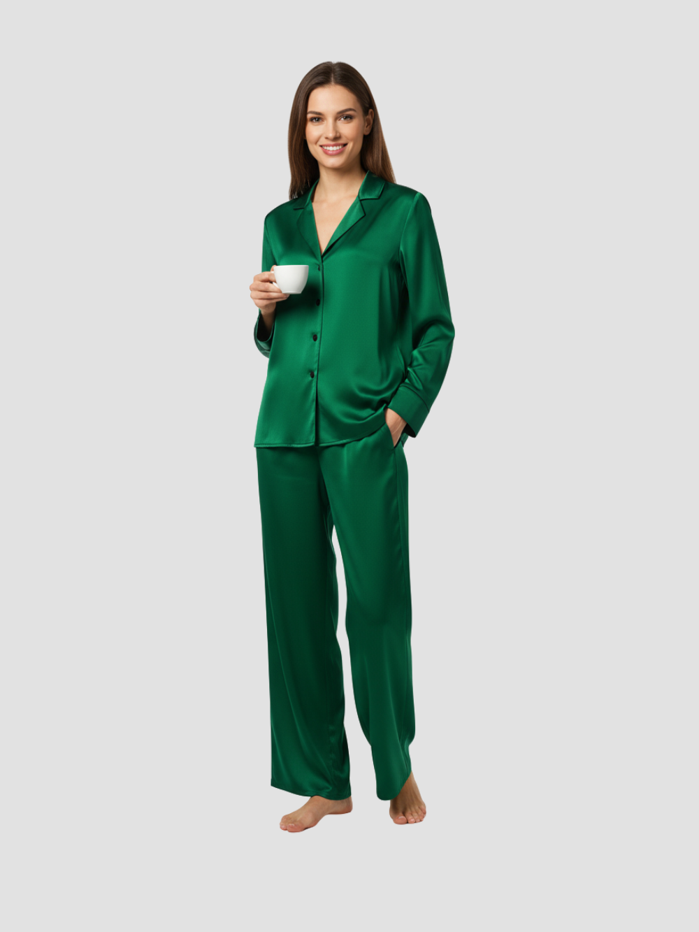 VELORA | 2PCS PIJAMA SATINADO DE MANGA LARGA – ELEGANCIA CLÁSICA Y CONFORT SUAVE