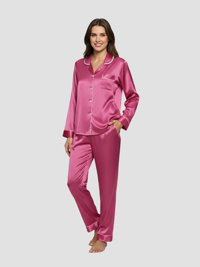 LUMIERA | PIJAMA LARGO SATINADO PARA MUJER – BRILLO DELICADO Y CONFORT CLÁSICO