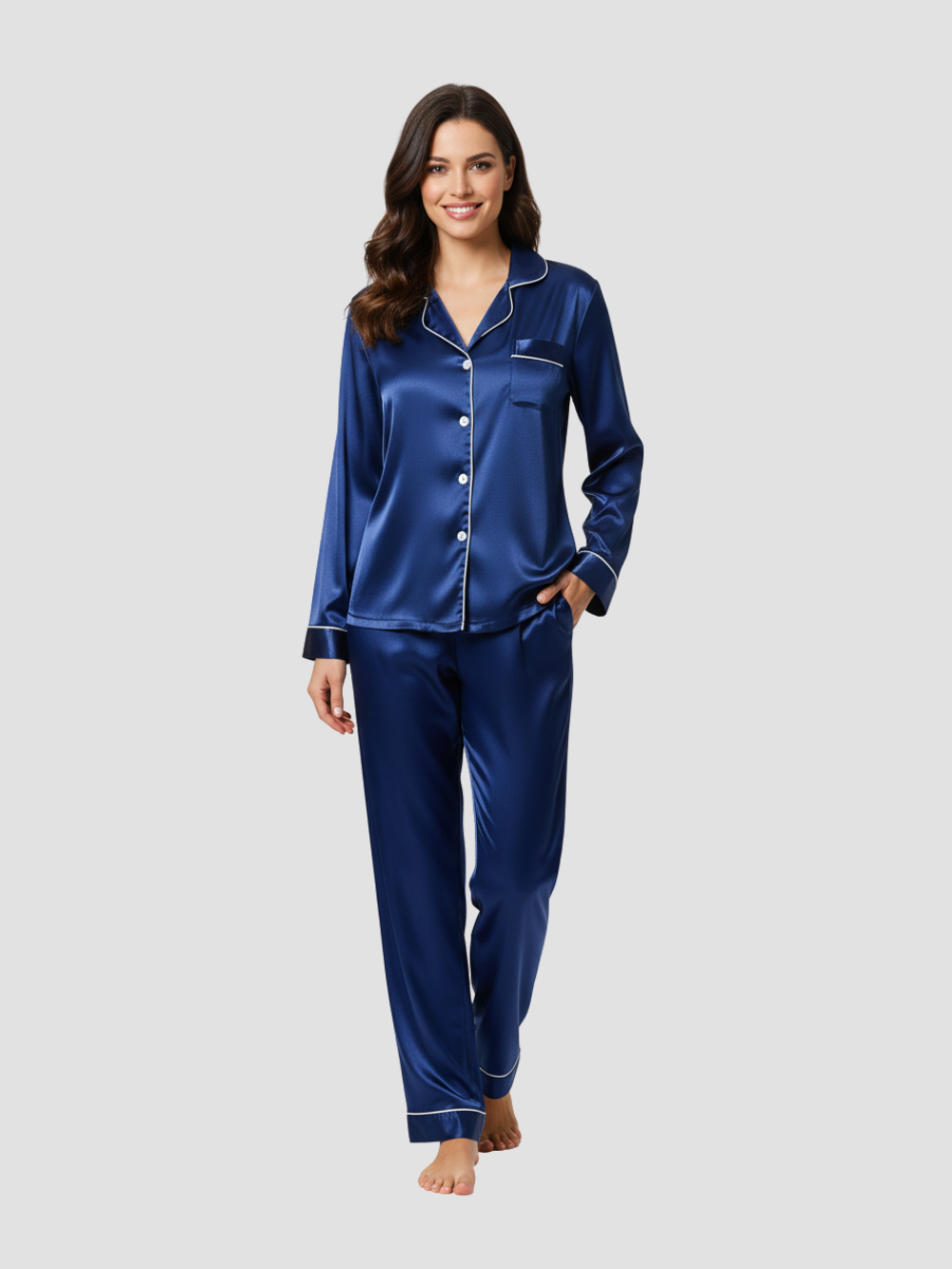 LUMIERA | PIJAMA LARGO SATINADO PARA MUJER – BRILLO DELICADO Y CONFORT CLÁSICO