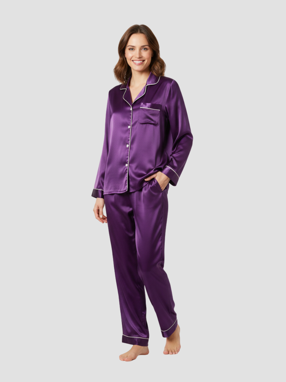 LUMIERA | PIJAMA LARGO SATINADO PARA MUJER – BRILLO DELICADO Y CONFORT CLÁSICO