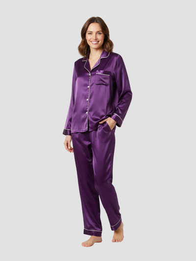 LUMIERA | PIJAMA LARGO SATINADO PARA MUJER – BRILLO DELICADO Y CONFORT CLÁSICO
