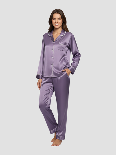 LUMIERA | PIJAMA LARGO SATINADO PARA MUJER – BRILLO DELICADO Y CONFORT CLÁSICO