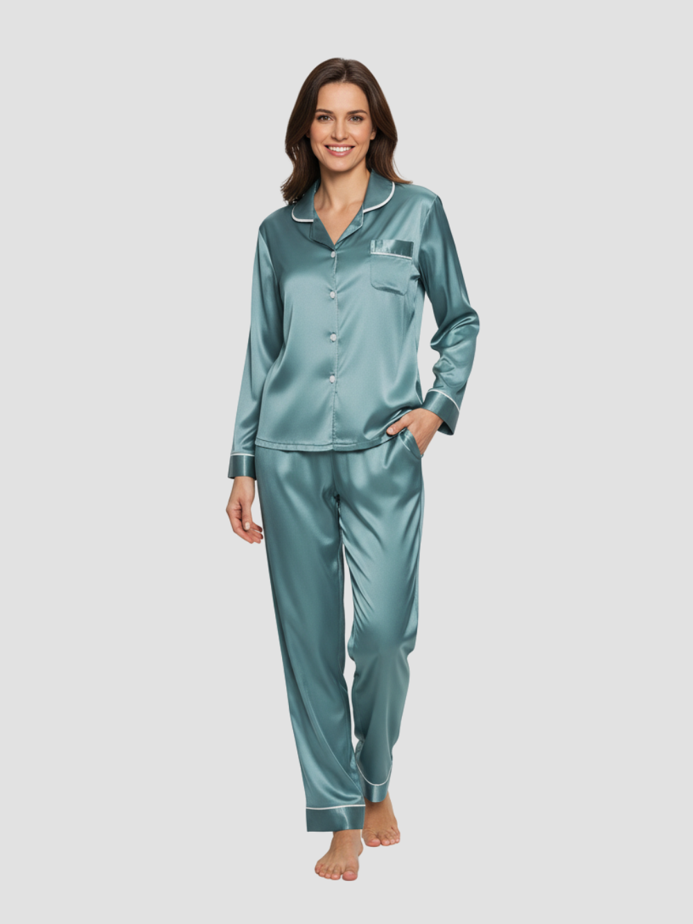 LUMIERA | PIJAMA LARGO SATINADO PARA MUJER – BRILLO DELICADO Y CONFORT CLÁSICO