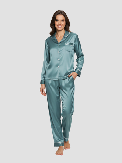LUMIERA | PIJAMA LARGO SATINADO PARA MUJER – BRILLO DELICADO Y CONFORT CLÁSICO