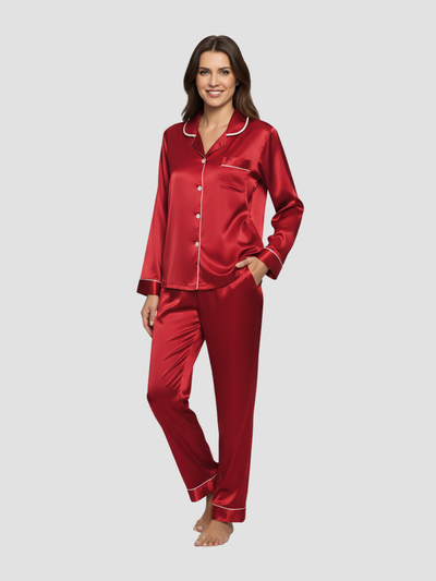 LUMIERA | PIJAMA LARGO SATINADO PARA MUJER – BRILLO DELICADO Y CONFORT CLÁSICO