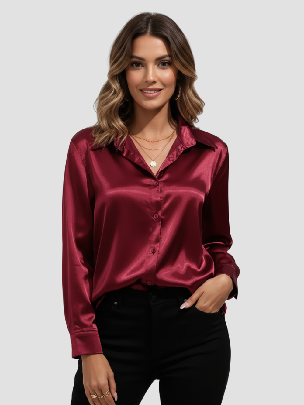 SOLENNE | BLUSA DE SATÉN PARA MUJER – ELEGANCIA ATEMPORAL CON ACABADO LUMINOSO