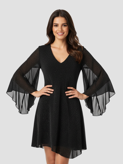 STELLAVIA | VESTIDO DE FIESTA CON MANGAS CAPA – BRILLO SOFISTICADO Y ELEGANCIA FLUIDA