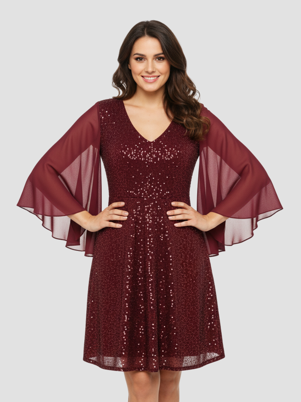 STELLAVIA | VESTIDO DE FIESTA CON MANGAS CAPA – BRILLO SOFISTICADO Y ELEGANCIA FLUIDA