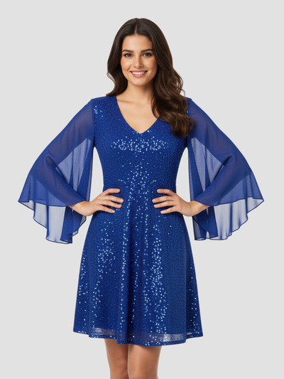 STELLAVIA | VESTIDO DE FIESTA CON MANGAS CAPA – BRILLO SOFISTICADO Y ELEGANCIA FLUIDA