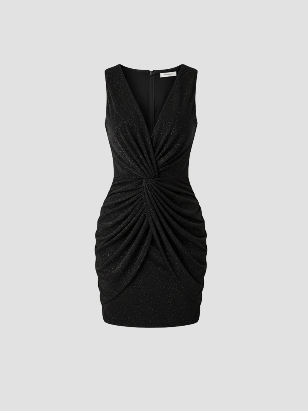 VELURISSE | VESTIDO COCKTAIL DRAPEADO CON BRILLO – ELEGANCIA LUMINOSA SIN MANGAS