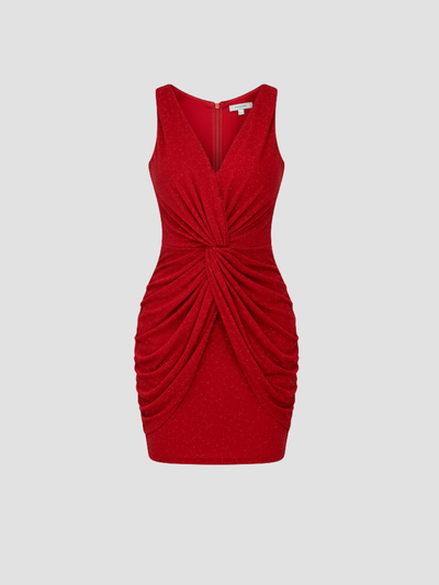 VELURISSE | VESTIDO COCKTAIL DRAPEADO CON BRILLO – ELEGANCIA LUMINOSA SIN MANGAS