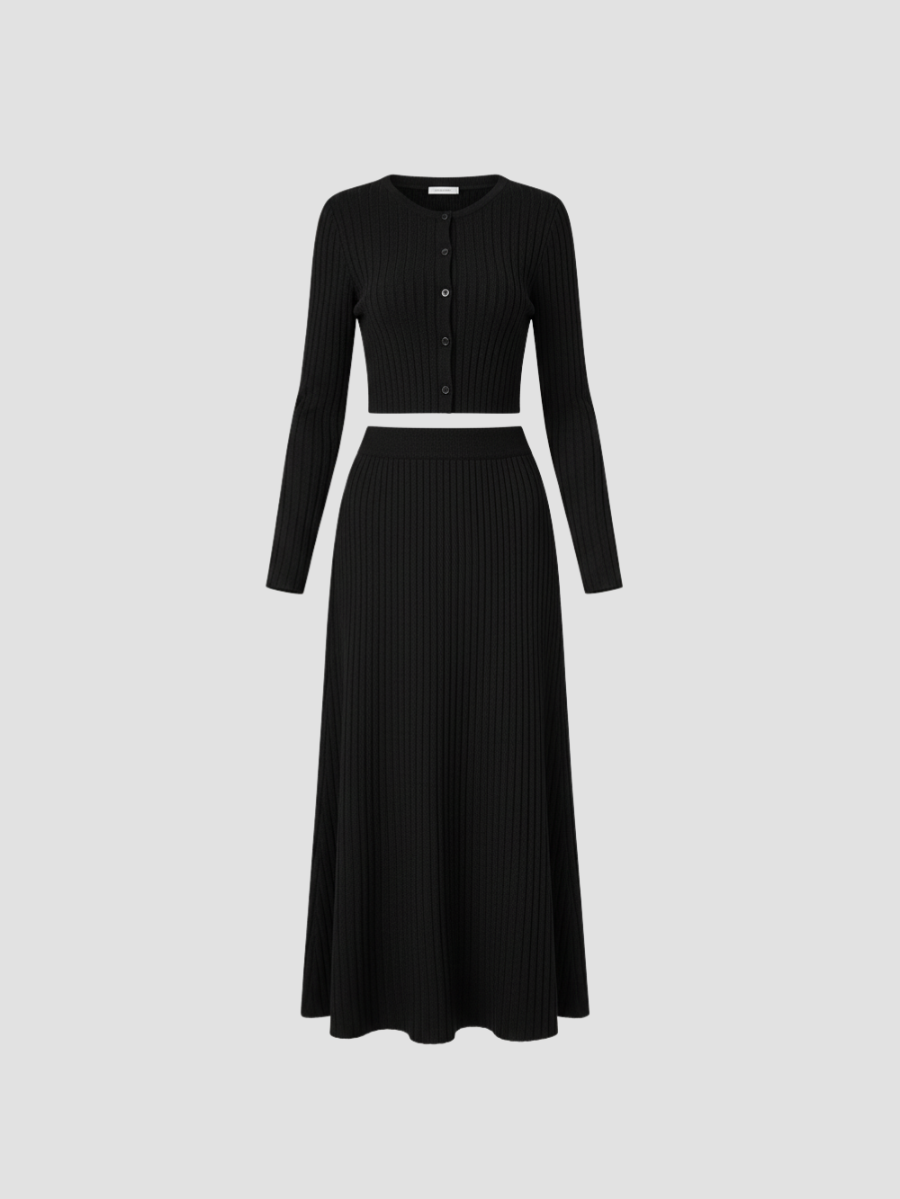 SOLARA | CONJUNTO DE CÁRDIGAN ACANALADO Y FALDA MAXI – ELEGANCIA SUAVE Y FEMININIDAD MODERNA