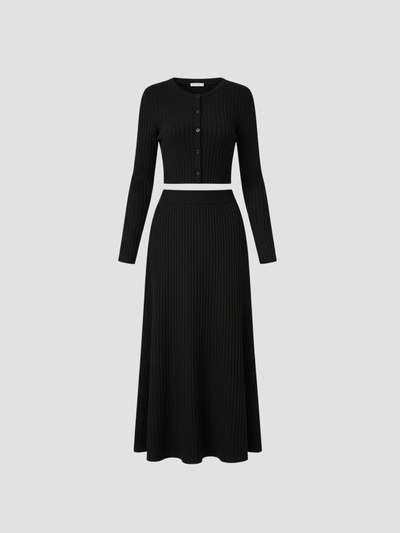 SOLARA | CONJUNTO DE CÁRDIGAN ACANALADO Y FALDA MAXI – ELEGANCIA SUAVE Y FEMININIDAD MODERNA