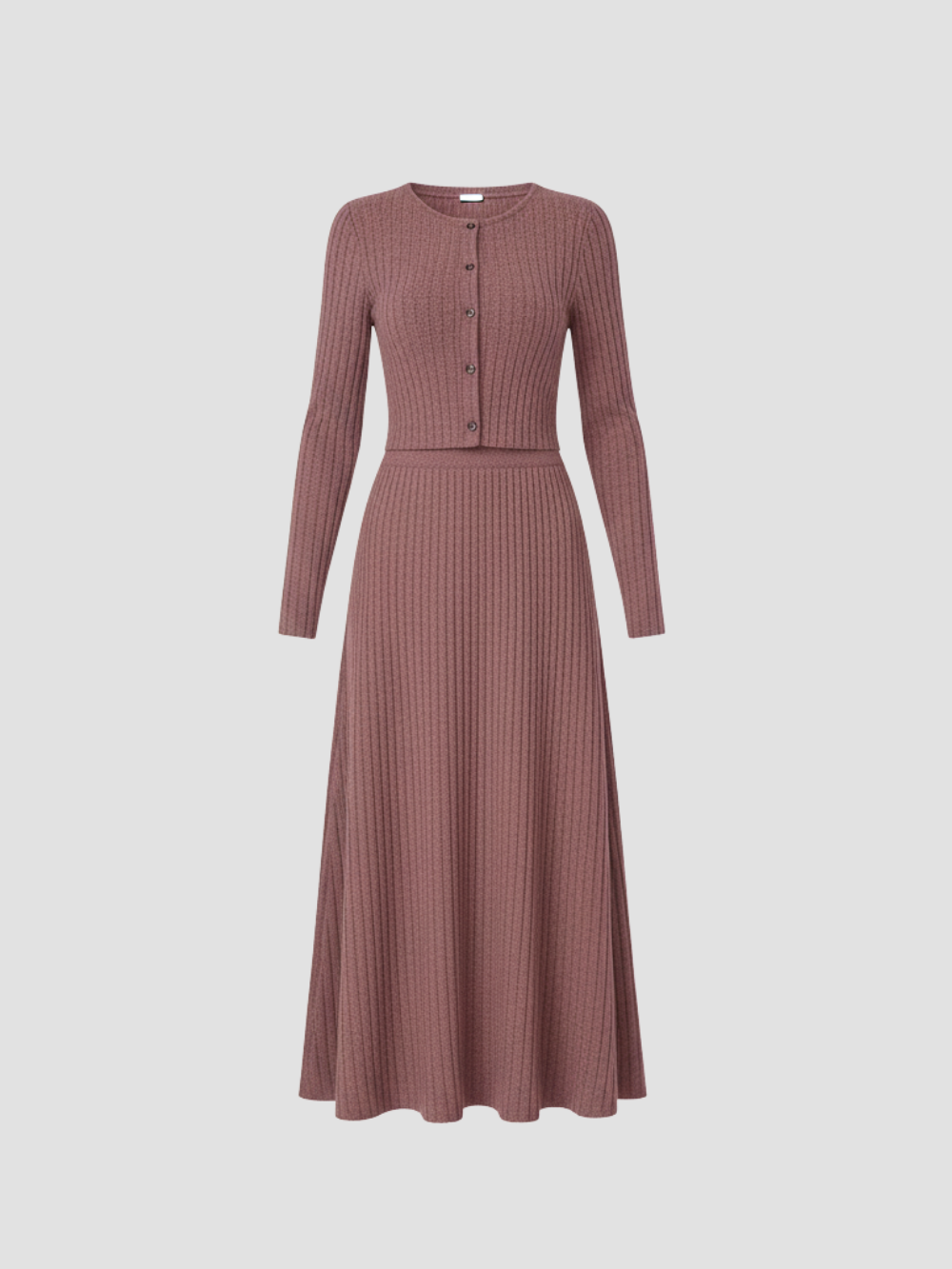 SOLARA | CONJUNTO DE CÁRDIGAN ACANALADO Y FALDA MAXI – ELEGANCIA SUAVE Y FEMININIDAD MODERNA