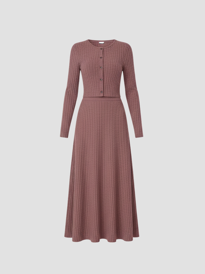 SOLARA | CONJUNTO DE CÁRDIGAN ACANALADO Y FALDA MAXI – ELEGANCIA SUAVE Y FEMININIDAD MODERNA