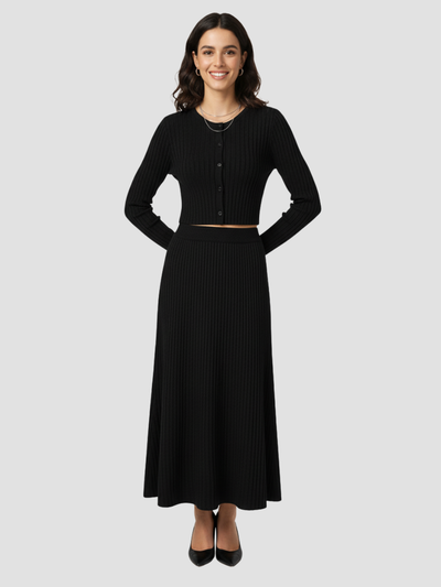SOLARA | CONJUNTO DE CÁRDIGAN ACANALADO Y FALDA MAXI – ELEGANCIA SUAVE Y FEMININIDAD MODERNA