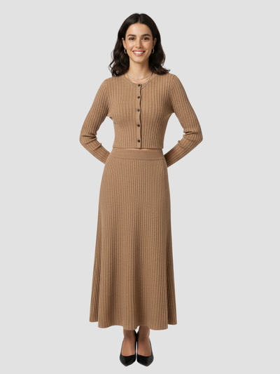 SOLARA | CONJUNTO DE CÁRDIGAN ACANALADO Y FALDA MAXI – ELEGANCIA SUAVE Y FEMININIDAD MODERNA