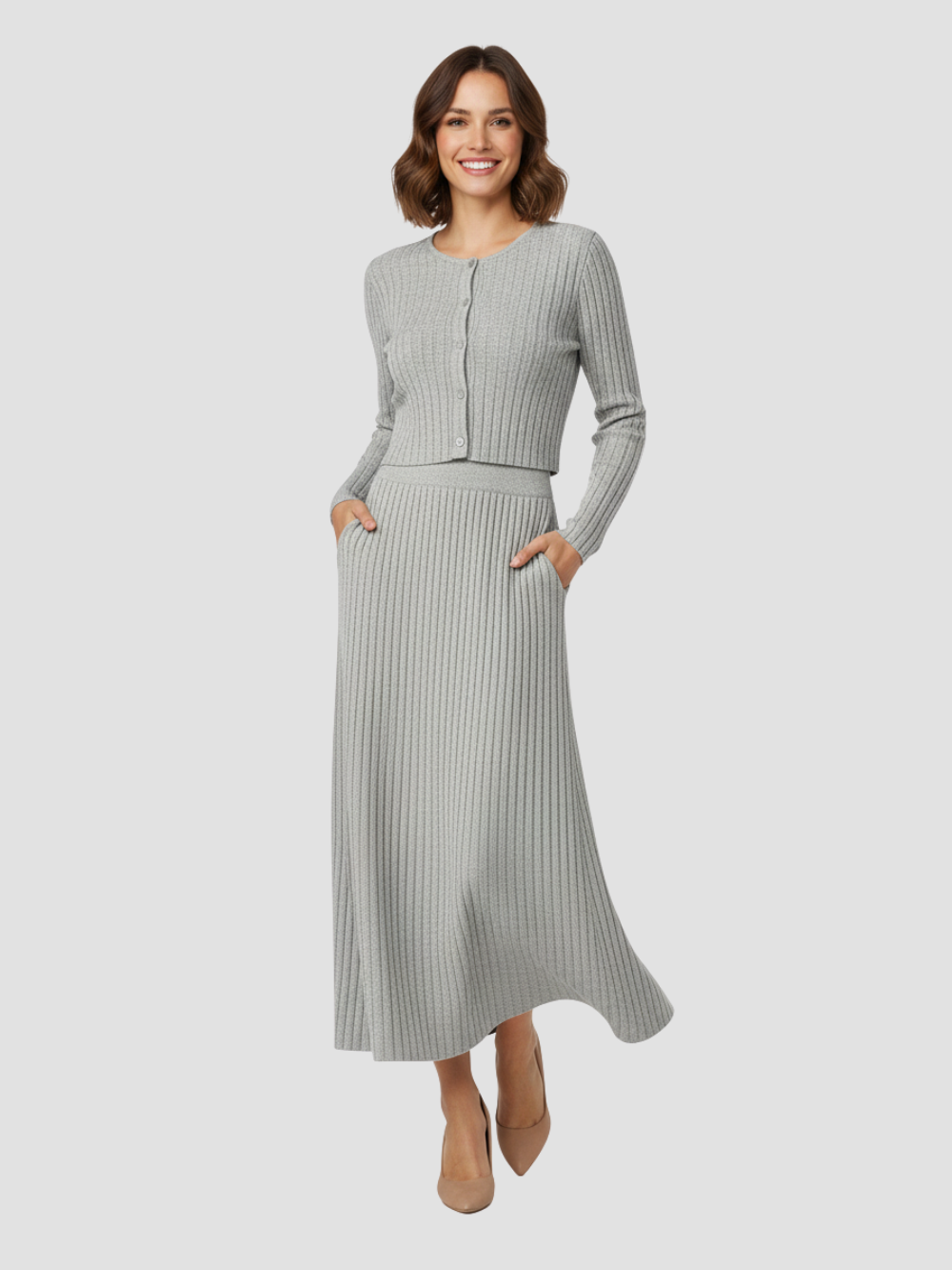 SOLARA | CONJUNTO DE CÁRDIGAN ACANALADO Y FALDA MAXI – ELEGANCIA SUAVE Y FEMININIDAD MODERNA