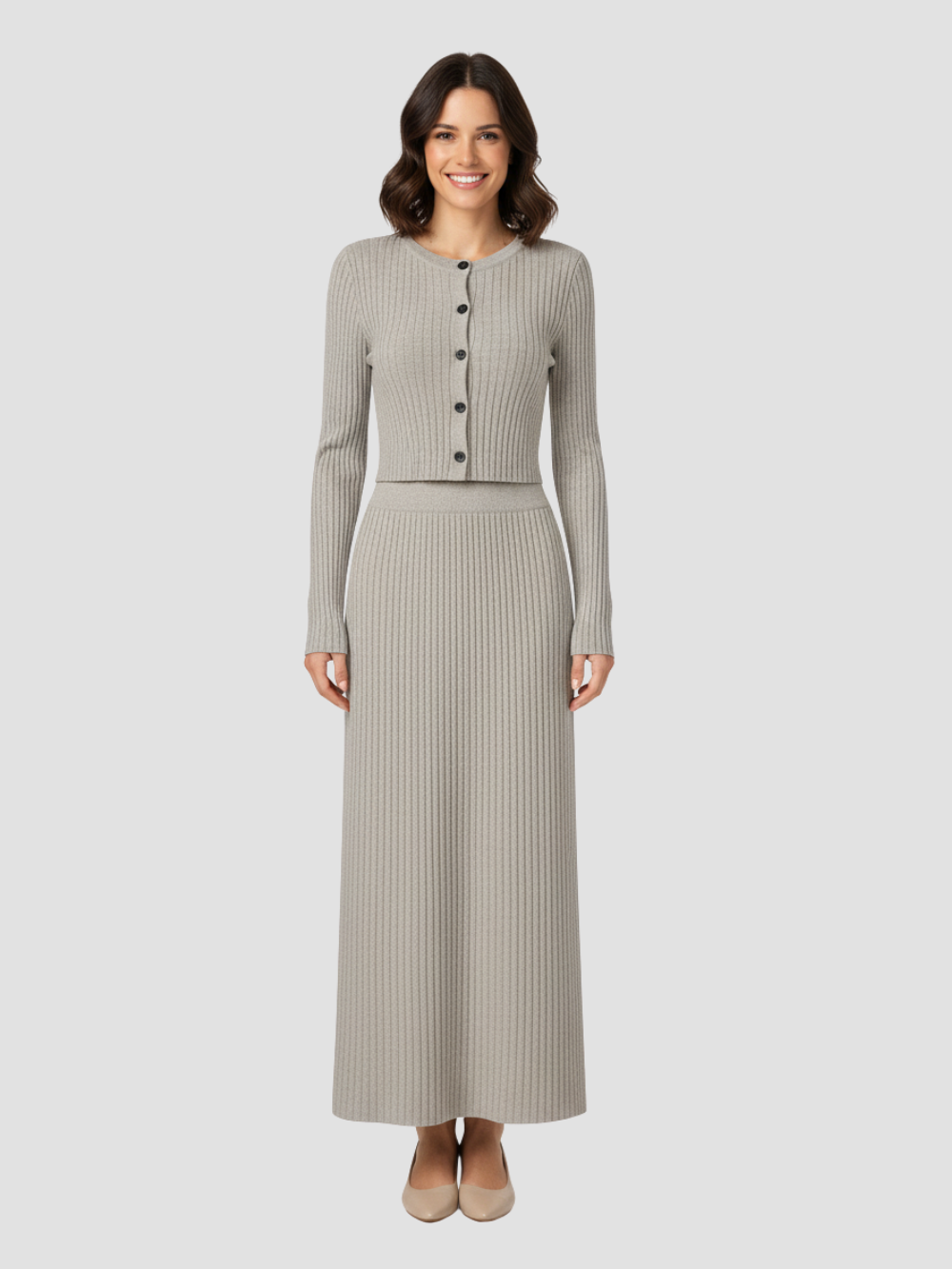 SOLARA | CONJUNTO DE CÁRDIGAN ACANALADO Y FALDA MAXI – ELEGANCIA SUAVE Y FEMININIDAD MODERNA