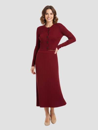 SOLARA | CONJUNTO DE CÁRDIGAN ACANALADO Y FALDA MAXI – ELEGANCIA SUAVE Y FEMININIDAD MODERNA