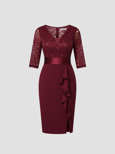 LUNESSIA | VESTIDO MIDI DE LENTEJUELAS Y ENCAJE – DISEÑO ELEGANTE PARA OCASIONES ESPECIALES