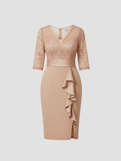 LUNESSIA | VESTIDO MIDI DE LENTEJUELAS Y ENCAJE – DISEÑO ELEGANTE PARA OCASIONES ESPECIALES