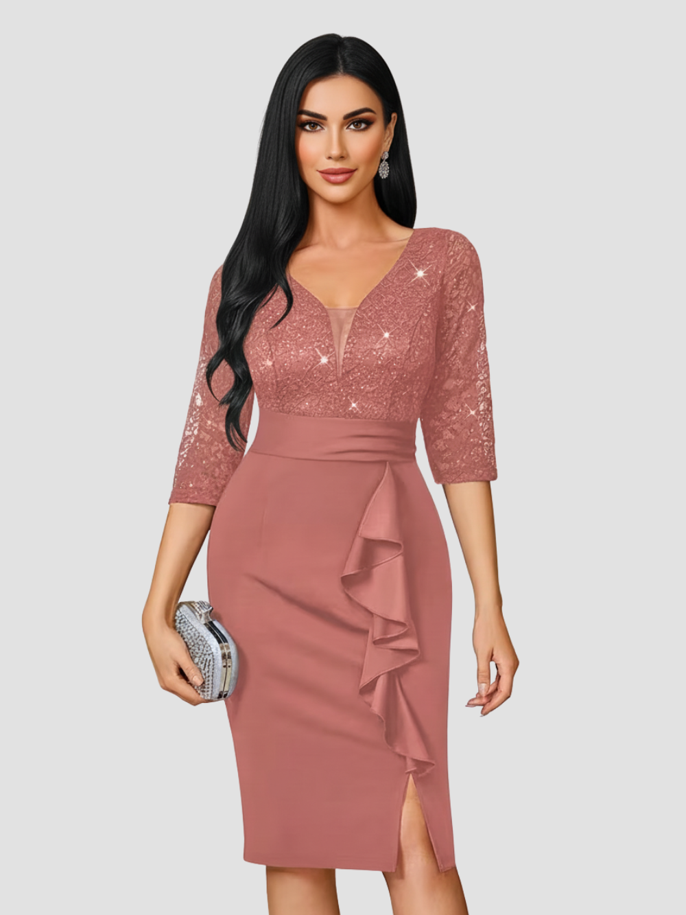 LUNESSIA | VESTIDO MIDI DE LENTEJUELAS Y ENCAJE – DISEÑO ELEGANTE PARA OCASIONES ESPECIALES