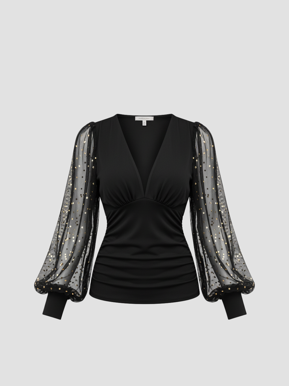 AURELLINE | BLUSA DE MALLA CON DESTELLOS Y ESCOTE EN V – ELEGANCIA NOCTURNA Y BRILLO SUTIL