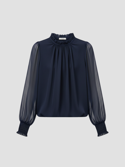 AUREMERA | BLUSA CON MANGAS DE GASA Y CUELLO FRUNCIDO – SOFISTICACIÓN SUAVE PARA CUALQUIER OCASIÓN