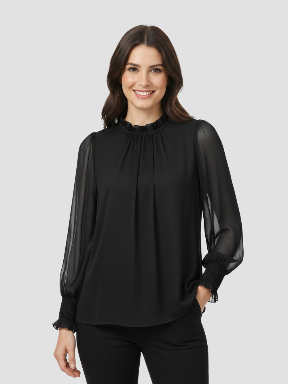 AUREMERA | BLUSA CON MANGAS DE GASA Y CUELLO FRUNCIDO – SOFISTICACIÓN SUAVE PARA CUALQUIER OCASIÓN