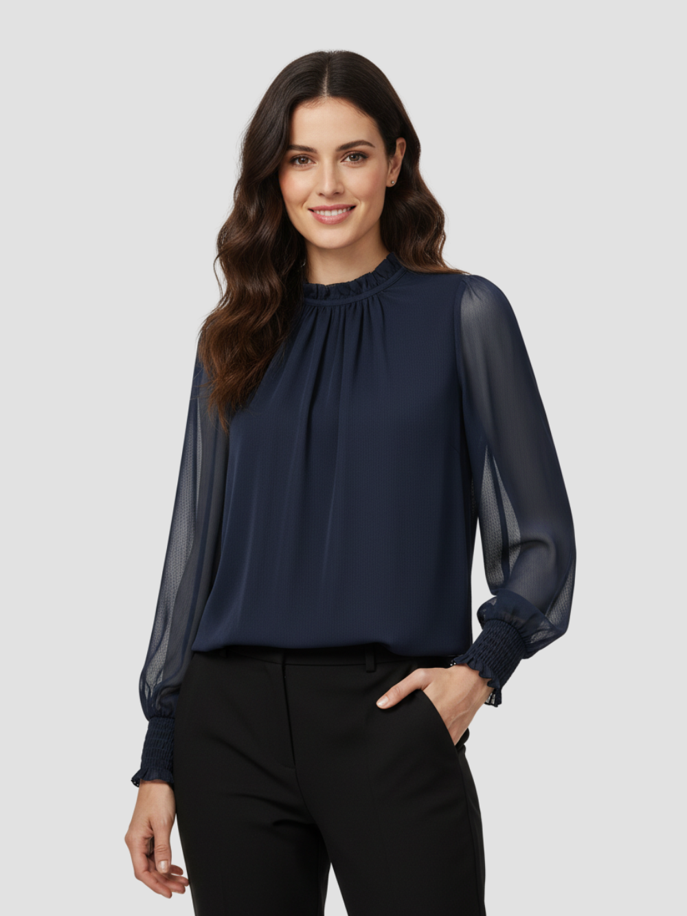 AUREMERA | BLUSA CON MANGAS DE GASA Y CUELLO FRUNCIDO – SOFISTICACIÓN SUAVE PARA CUALQUIER OCASIÓN