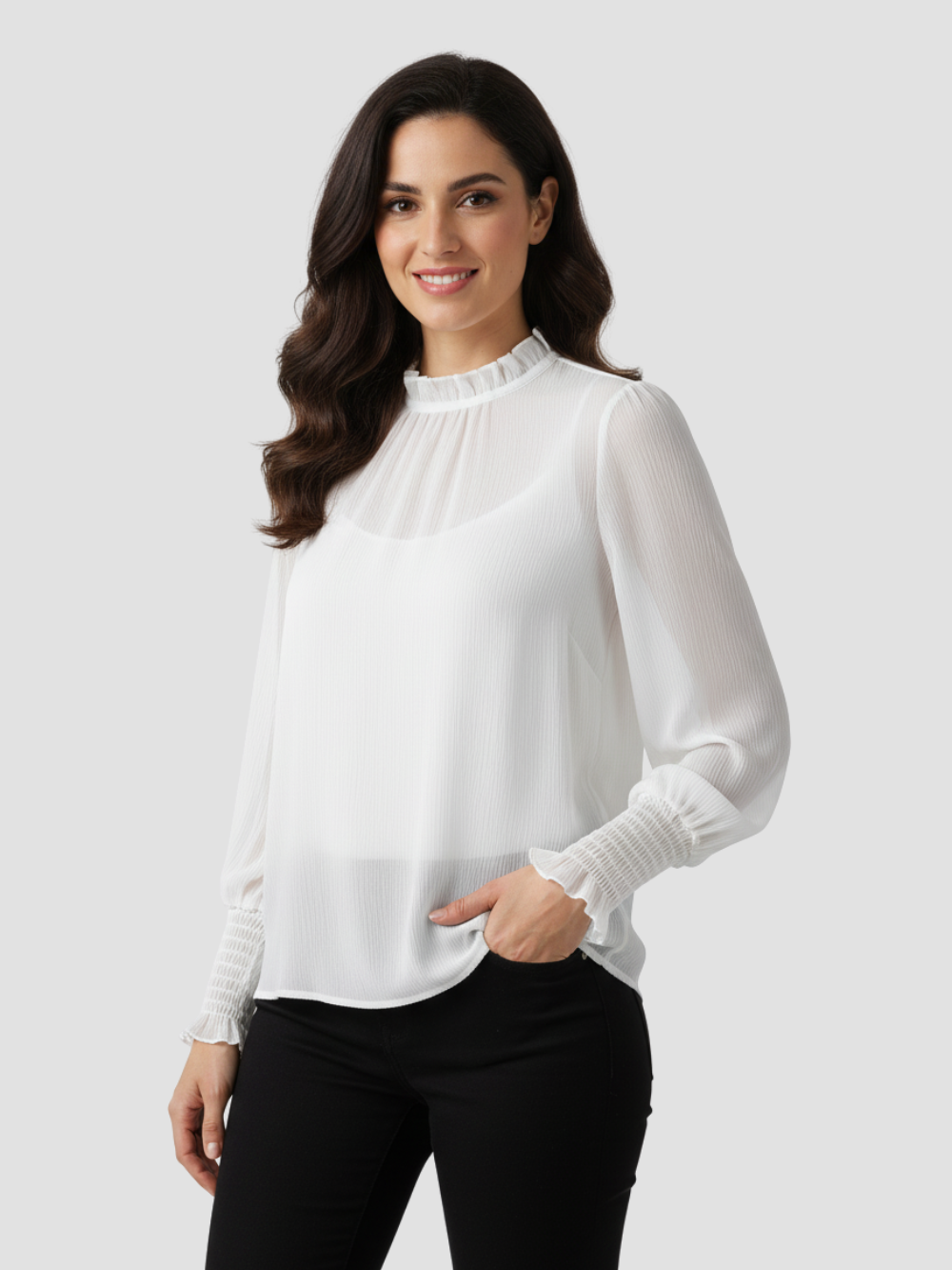 AUREMERA | BLUSA CON MANGAS DE GASA Y CUELLO FRUNCIDO – SOFISTICACIÓN SUAVE PARA CUALQUIER OCASIÓN