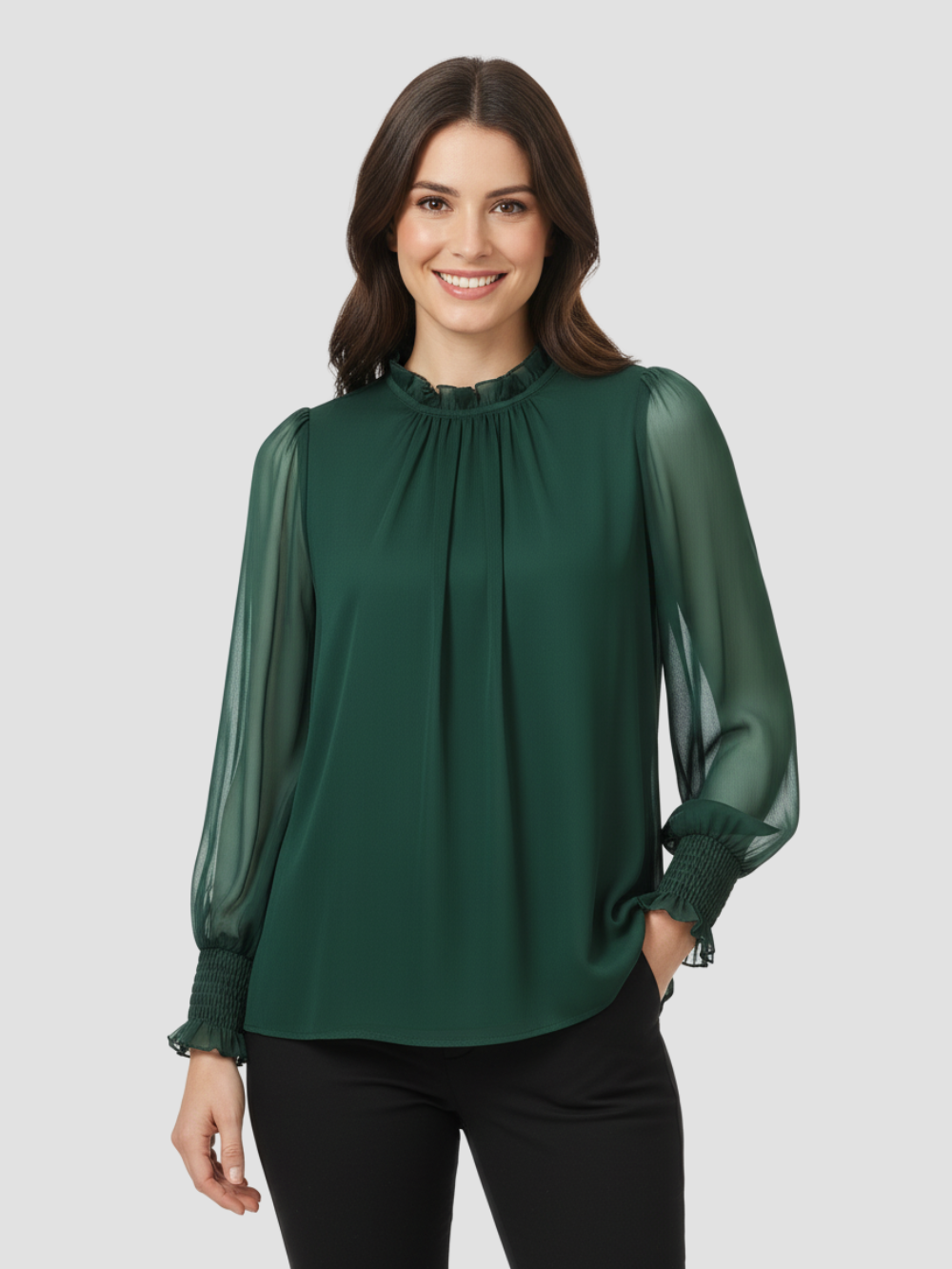 AUREMERA | BLUSA CON MANGAS DE GASA Y CUELLO FRUNCIDO – SOFISTICACIÓN SUAVE PARA CUALQUIER OCASIÓN