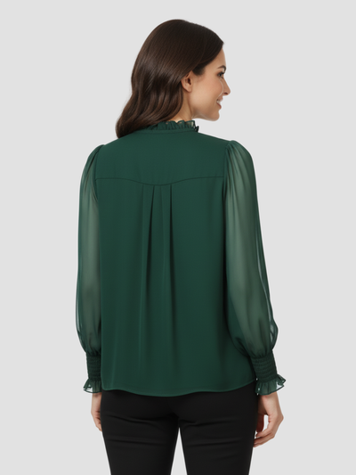 AUREMERA | BLUSA CON MANGAS DE GASA Y CUELLO FRUNCIDO – SOFISTICACIÓN SUAVE PARA CUALQUIER OCASIÓN