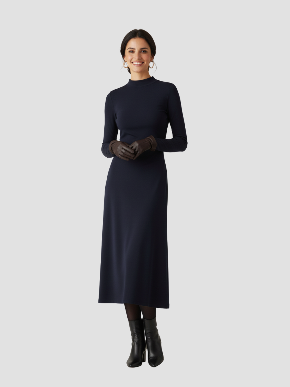 SOLARYN | VESTIDO MIDI TÉRMICO DE CUELLO ALTO – ELEGANCIA DEFINIDA Y CALIDEZ LIGERA