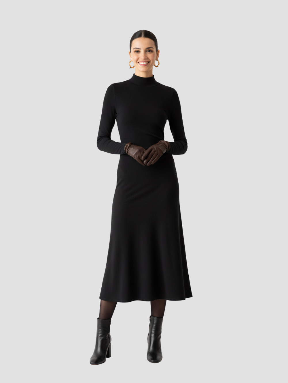 SOLARYN | VESTIDO MIDI TÉRMICO DE CUELLO ALTO – ELEGANCIA DEFINIDA Y CALIDEZ LIGERA