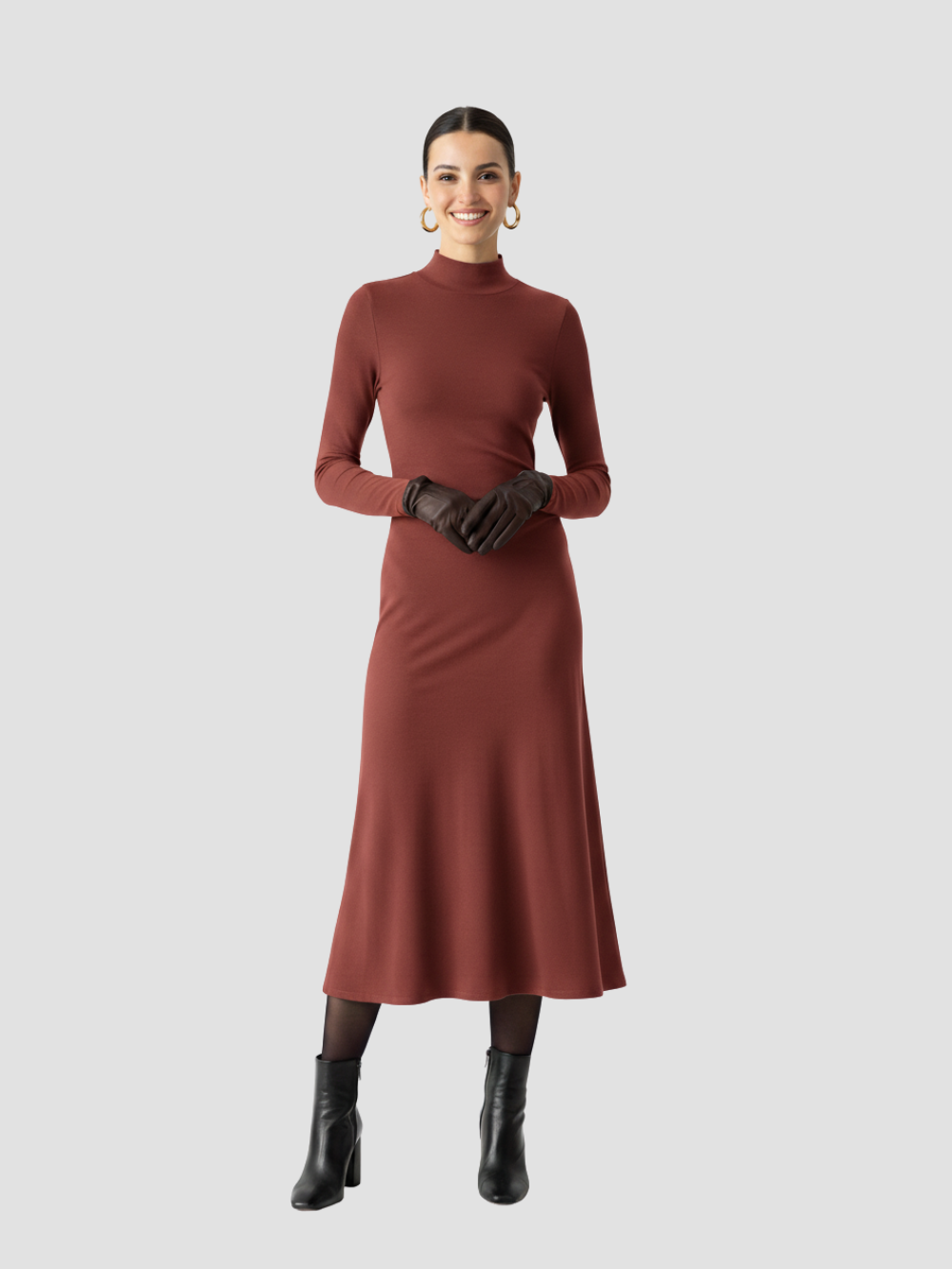 SOLARYN | VESTIDO MIDI TÉRMICO DE CUELLO ALTO – ELEGANCIA DEFINIDA Y CALIDEZ LIGERA