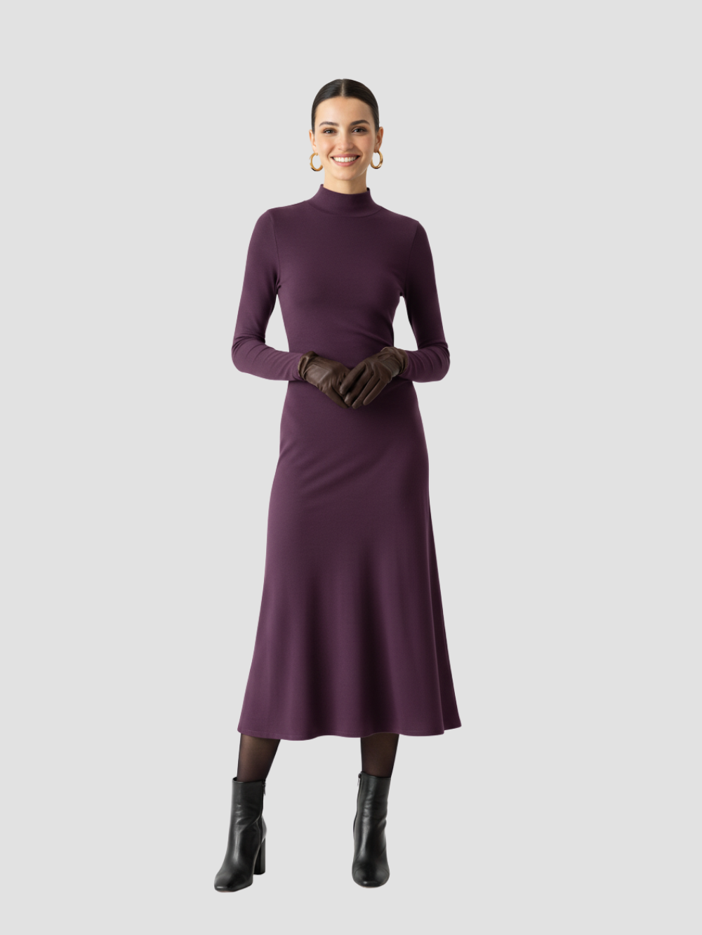 SOLARYN | VESTIDO MIDI TÉRMICO DE CUELLO ALTO – ELEGANCIA DEFINIDA Y CALIDEZ LIGERA