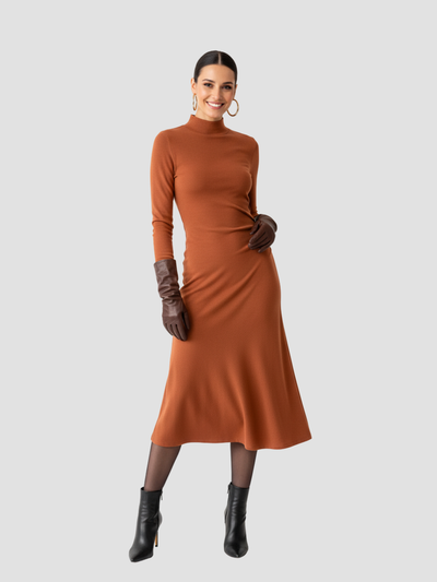 SOLARYN | VESTIDO MIDI TÉRMICO DE CUELLO ALTO – ELEGANCIA DEFINIDA Y CALIDEZ LIGERA