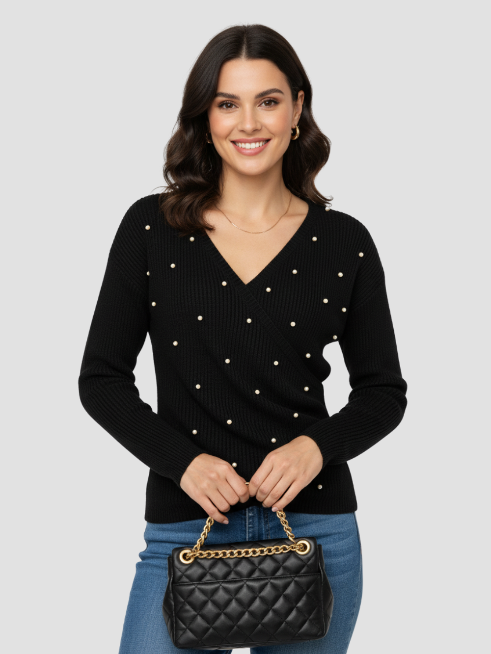 MARISEL | SUÉTER DE MANGA LARGA CON PERLAS – ENCANTO ENVOLVENTE Y CAÍDA ESBELTA