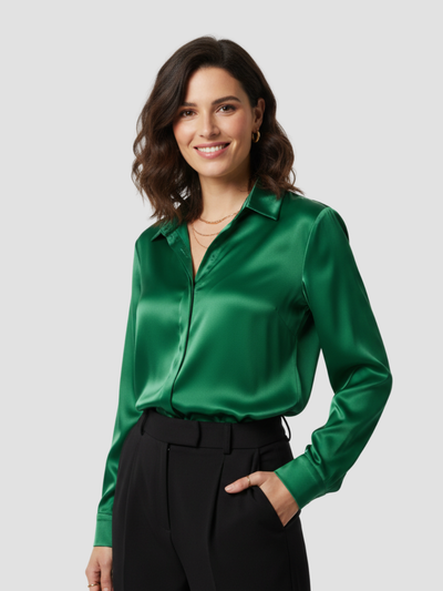 SOLENNE | BLUSA DE SATÉN PARA MUJER – ELEGANCIA ATEMPORAL CON ACABADO LUMINOSO