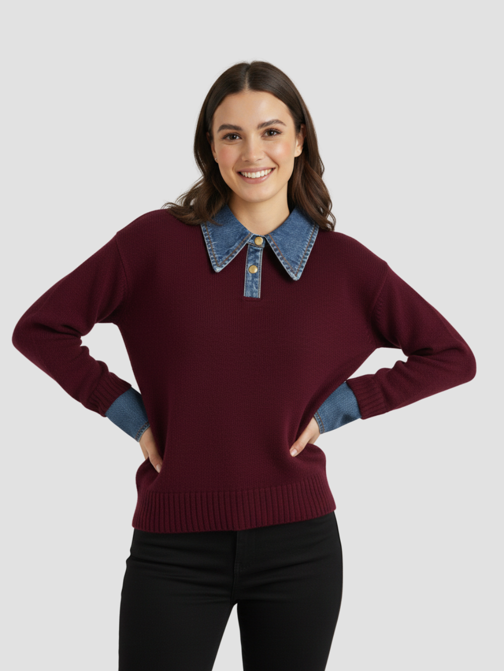 YSANDRA | JERSEY DE MUJER CON DETALLES EN DENIM – COMODIDAD NATURAL Y DISTINCIÓN URBANA