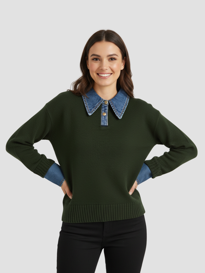 YSANDRA | JERSEY DE MUJER CON DETALLES EN DENIM – COMODIDAD NATURAL Y DISTINCIÓN URBANA