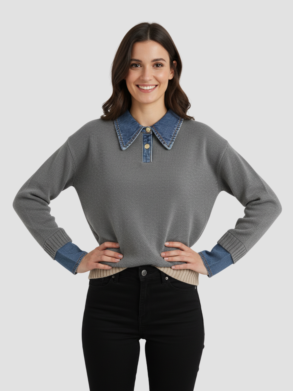 YSANDRA | JERSEY DE MUJER CON DETALLES EN DENIM – COMODIDAD NATURAL Y DISTINCIÓN URBANA