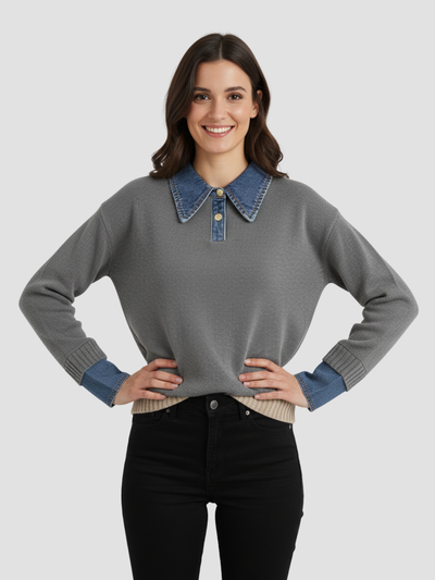 YSANDRA | JERSEY DE MUJER CON DETALLES EN DENIM – COMODIDAD NATURAL Y DISTINCIÓN URBANA