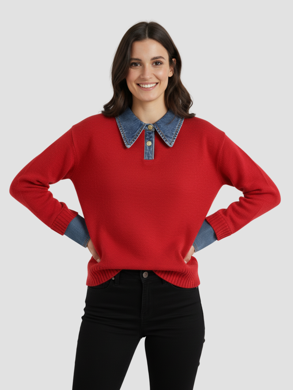 YSANDRA | JERSEY DE MUJER CON DETALLES EN DENIM – COMODIDAD NATURAL Y DISTINCIÓN URBANA