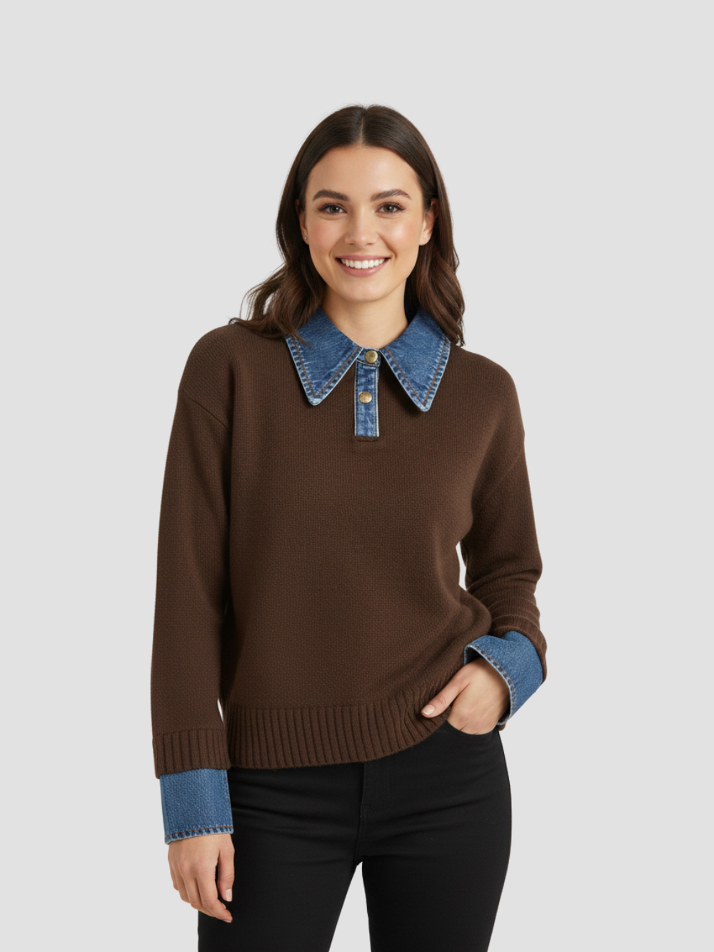 YSANDRA | JERSEY DE MUJER CON DETALLES EN DENIM – COMODIDAD NATURAL Y DISTINCIÓN URBANA